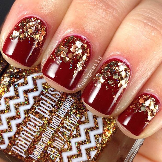 23-dark-red-nails-gold-glitter
