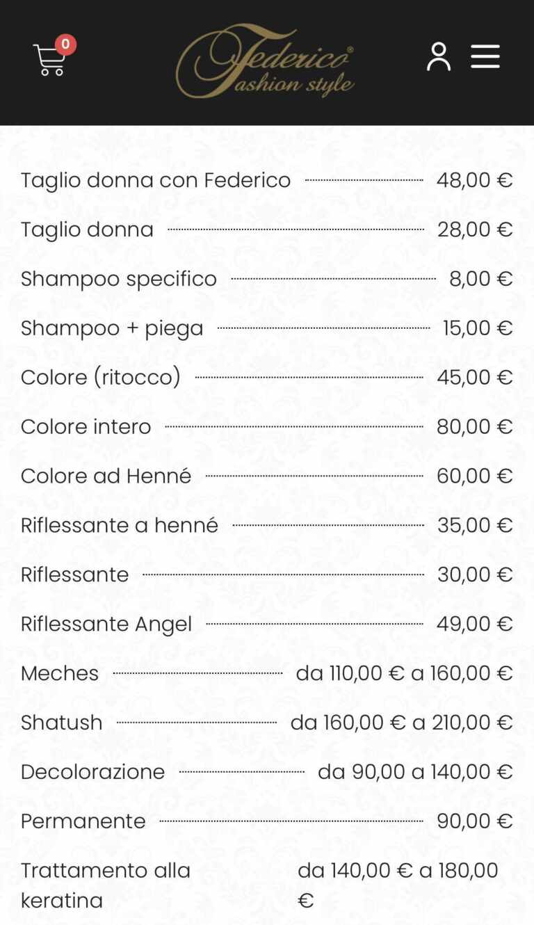 Federico Fashion Style: il listino prezzi del salone di Napoli