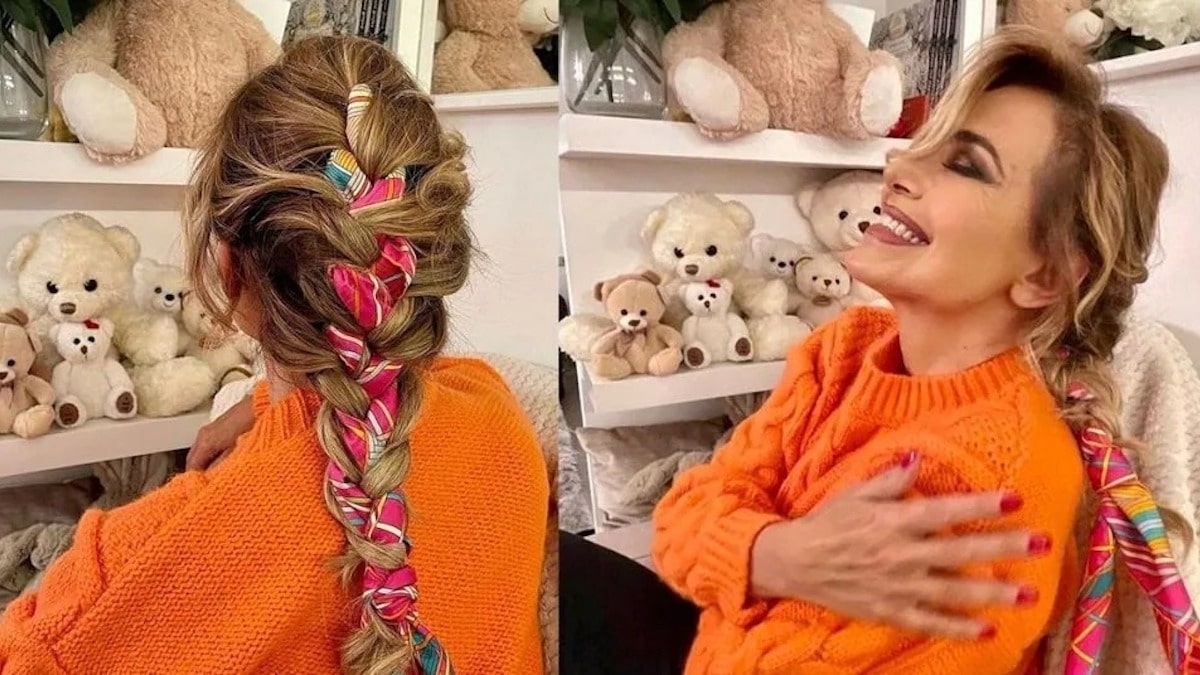 Barbara D'Urso capelli treccia foulard