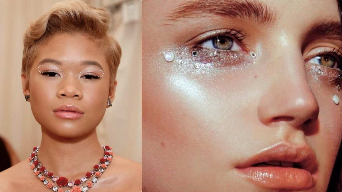 Gioielli per il viso makeup: strass e perle tendenza beauty 2022