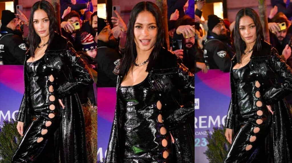 Elodie a Sanremo 2023: capelli effetto wet e tutina traforata in vernice lucida