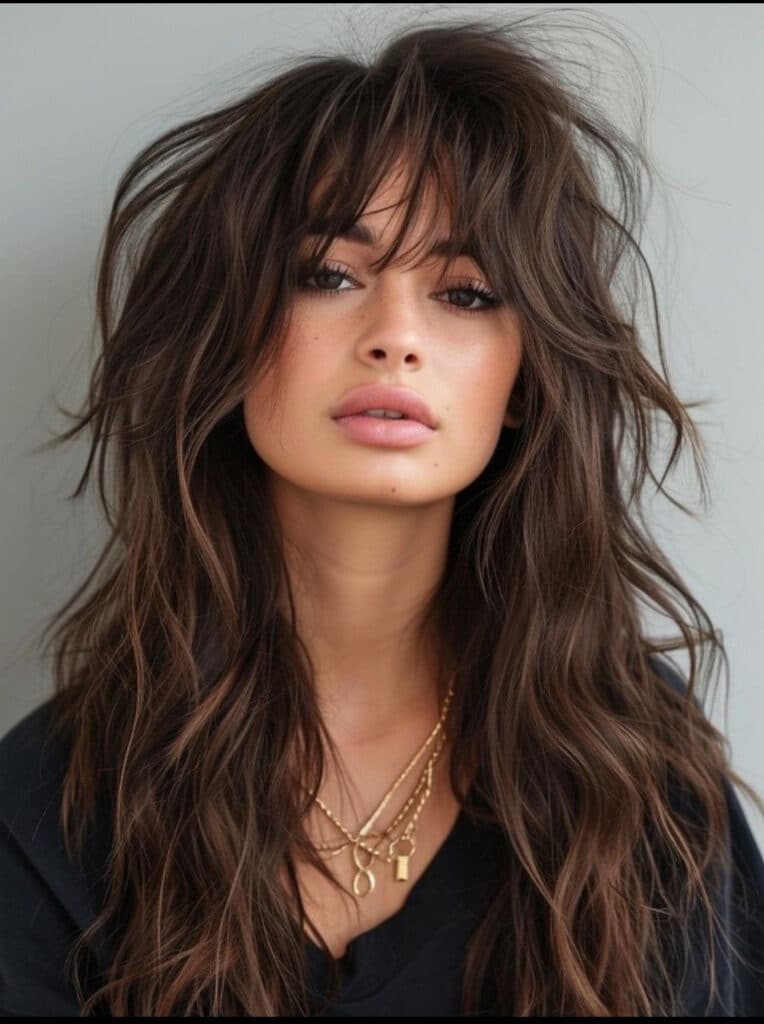 Capelli lunghi scalati con frangia 