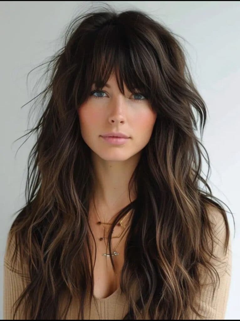 Capelli lunghi scalati con frangia 